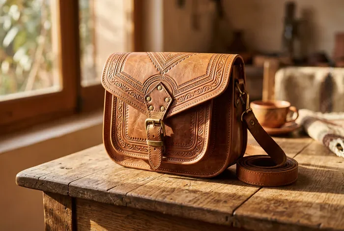 Enlever l'odeur du cuir marocain : 5 astuces - 5 Méthodes pour désodoriser le cuir marocain - Comment enlever l'odeur du cuir marocain ? Miniature sac en cuir marocain sur table en bois