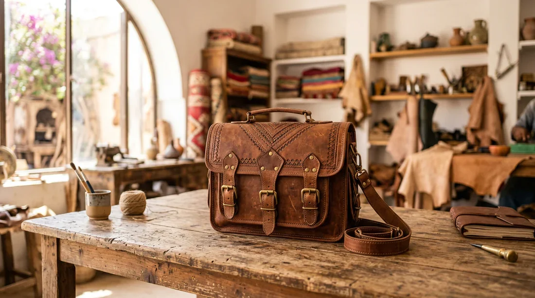 Sac en cuir marocain artisanal posé sur une table en bois dans un intérieur lumineux