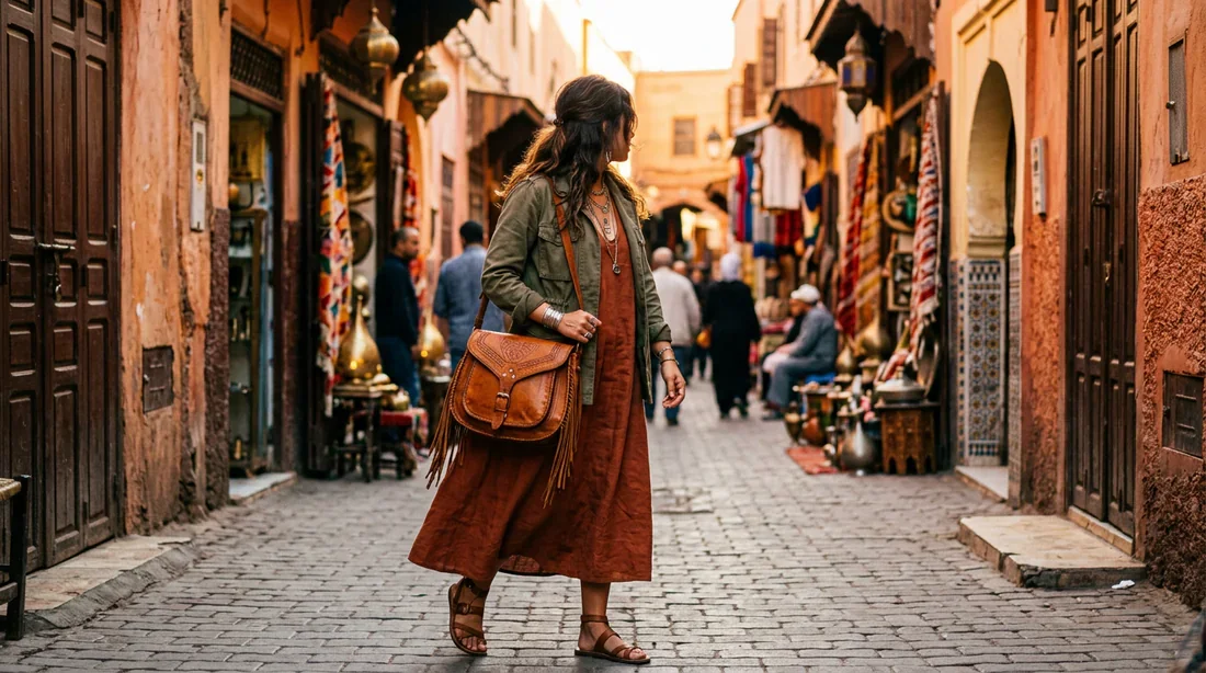 Sac en cuir marocain porté dans les rues d'une médina