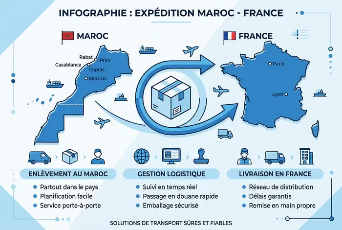 Envoi colis Maroc vers France : Guide 2026 - Colis Maroc vers France : 3 astuces pour tout envoyer - Comment envoyer un colis du Maroc vers la France sans souci ? Infographie illustrant l'envoi de colis entre le Maroc et la France