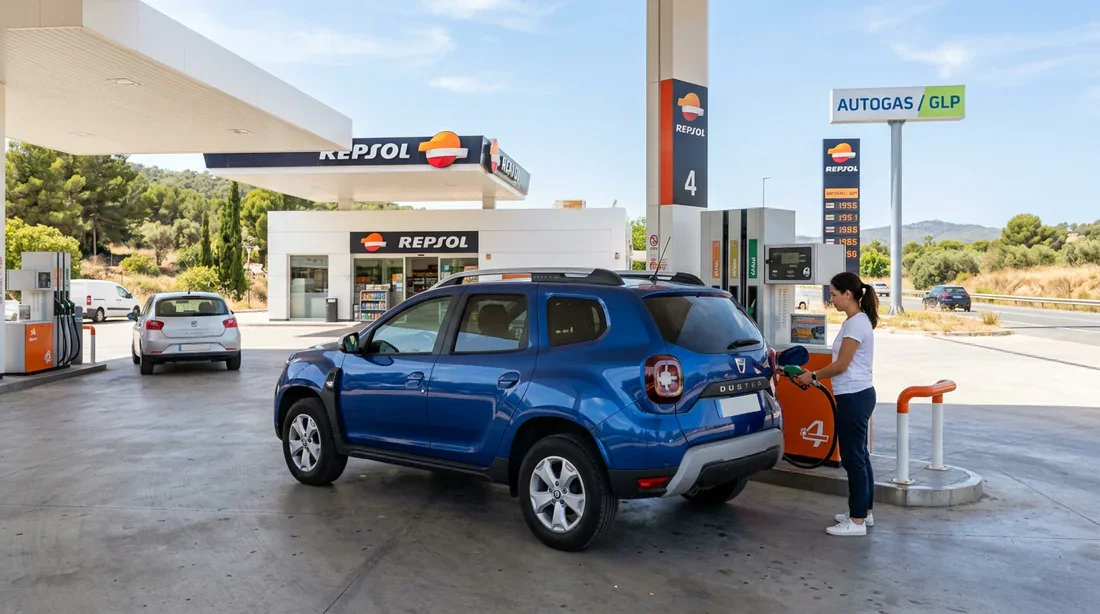 Voiture Dacia en train de faire le plein de GPL dans une station-service en Espagne