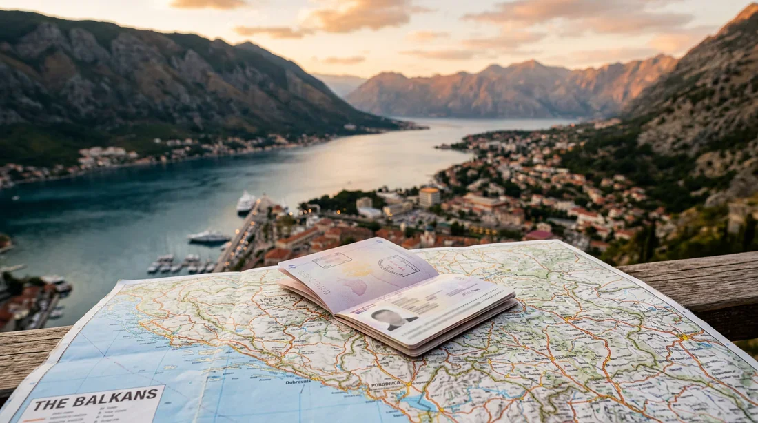Un passeport posé sur une carte routière des Balkans avec les Bouches de Kotor en arrière-plan pour préparer un voyage au Monténégro