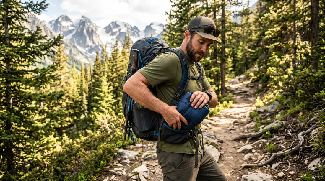 Facilité de transport et rangement de la doudoune dans le sac à dos Randonneur insérant la doudoune MT100 pliée dans son sac à dos de randonnée