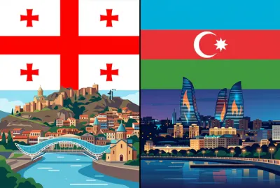 Comparaison visuelle entre la Géorgie et l'Azerbaïdjan avec drapeaux et monuments emblématiques