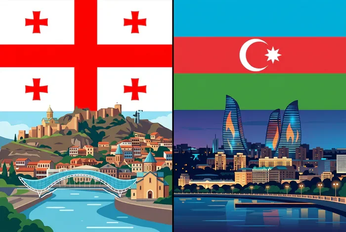Frontière Azerbaïdjan-Géorgie : Guide 2026 - Traverser la frontière Azerbaïdjan-Géorgie : Le guide 2026 - Comment franchir la frontière Azerbaïdjan-Géorgie en 2026 ? Comparaison visuelle entre la Géorgie et l'Azerbaïdjan avec drapeaux et monuments emblématiques