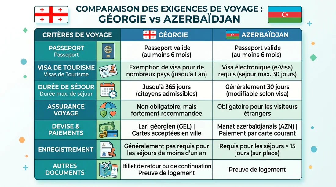 Formalités administratives : Géorgie vs Azerbaïdjan Infographie comparative des formalités de voyage pour la Géorgie et l'Azerbaïdjan