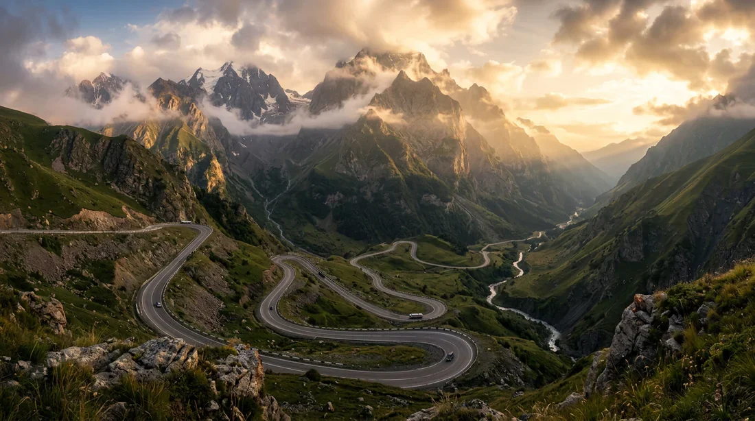 Paysage des montagnes du Caucase et route transfrontalière Route sinueuse spectaculaire traversant les montagnes du Caucase lors d'un voyage