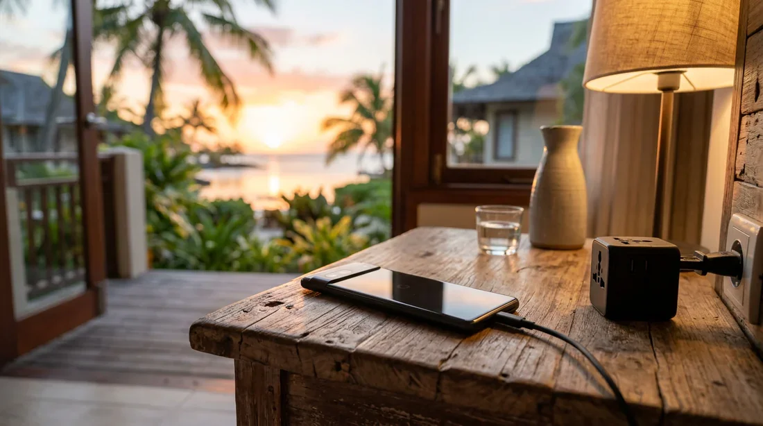 Smartphone branché à un adaptateur universel sur une table de chevet dans un hôtel tropical