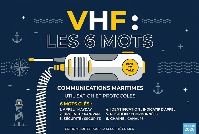 Les 6 mots anglais permis bateau : Guide VHF - 6 mots anglais permis bateau : Le guide complet - Quels sont les 6 mots anglais du permis bateau ? Illustration infographique sur les 6 mots indispensables à la VHF marine