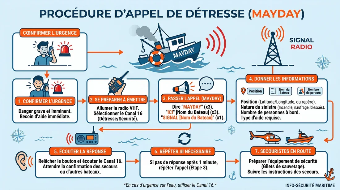 Schéma explicatif de la procédure d'appel de détresse VHF