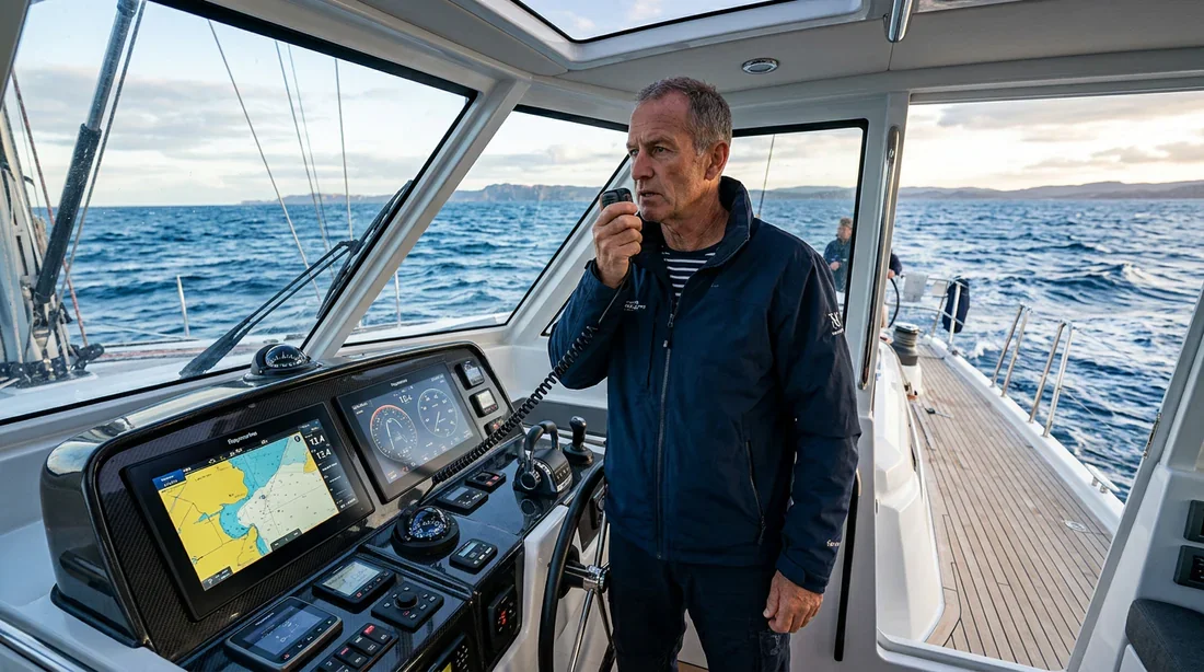 Skipper concentré utilisant une radio VHF marine dans un cockpit de bateau