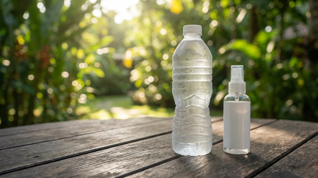 Accessoires de santé essentiels à Lombok : eau en bouteille et anti-moustique.