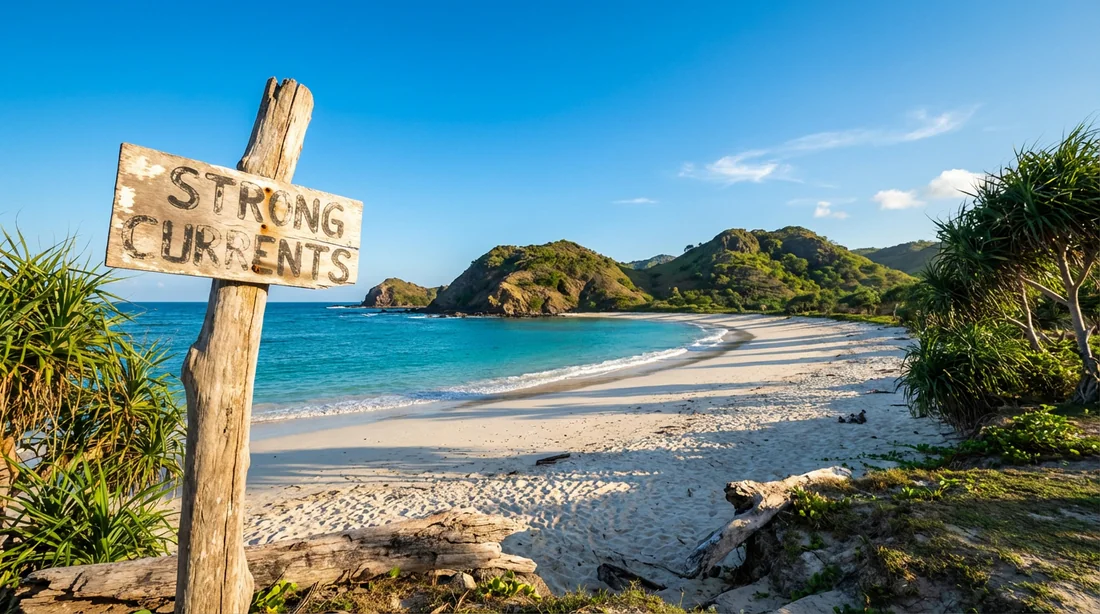 Plage de Tanjung Aan à Lombok avec un panneau de mise en garde contre les courants marins.
