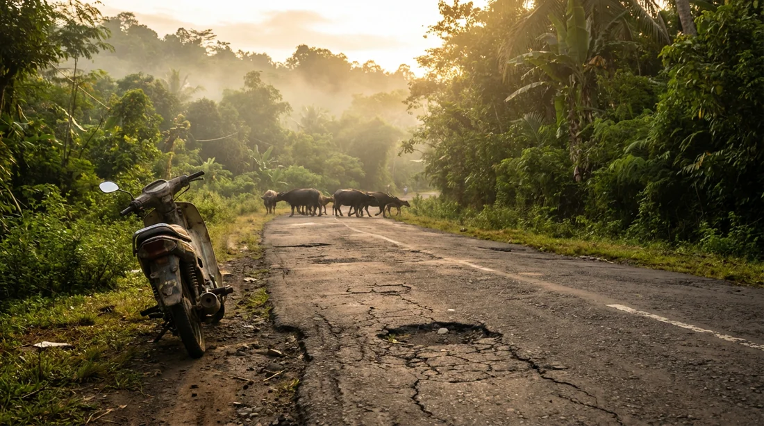 Scooter sur une route endommagée à Lombok avec des buffles qui traversent.