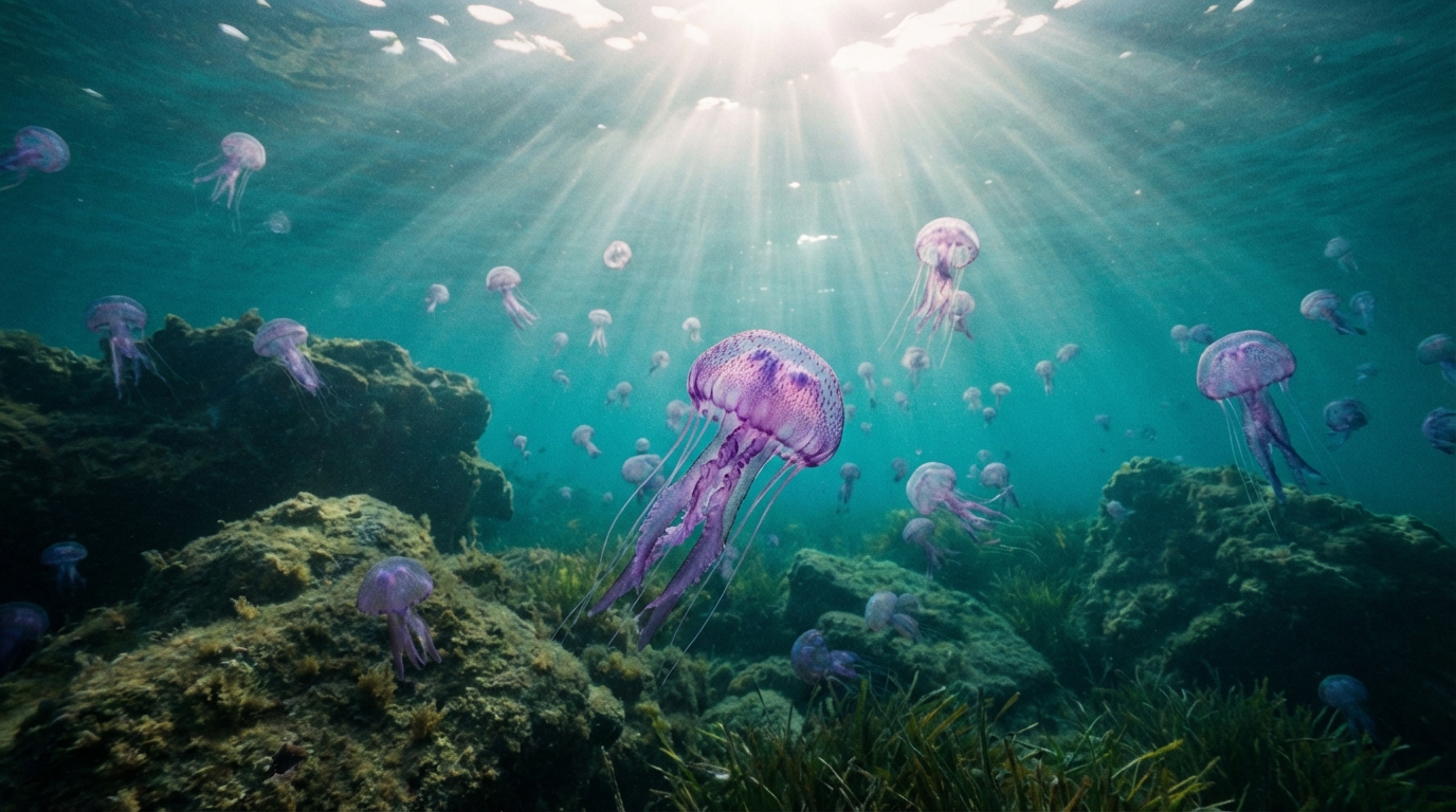 Méduses flottant dans les eaux cristallines au large des côtes de la Sicile sous la lumière du soleil.