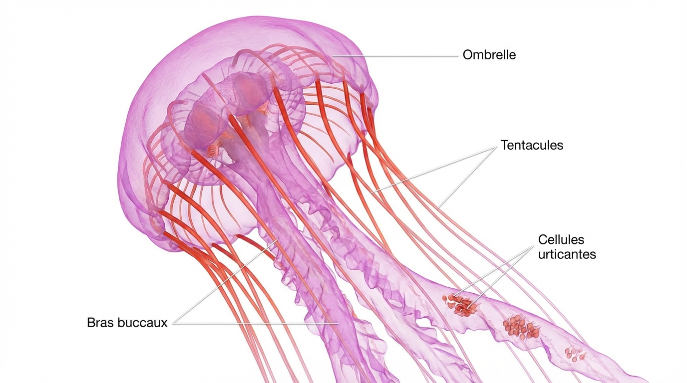 Schéma technique et anatomique d'une méduse Pelagia noctiluca avec annotations.