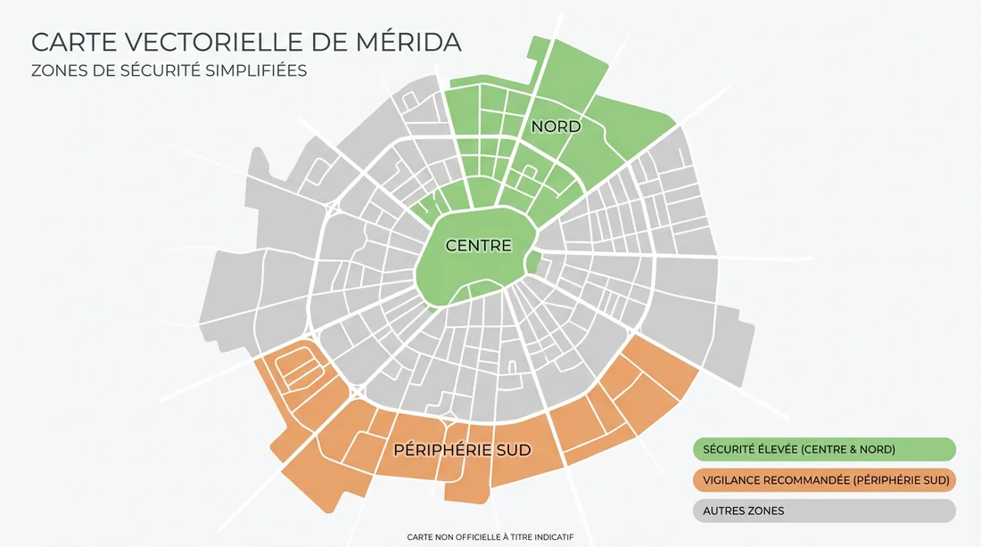 Carte de sécurité de Mérida montrant les zones sûres du Nord et du Centre par rapport au Sud
