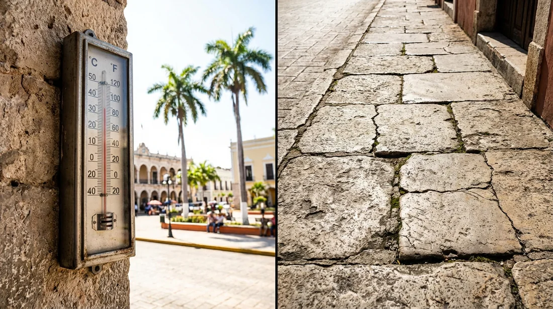 Collage montrant la chaleur extrême de 40 degrés et les trottoirs inégaux de Mérida
