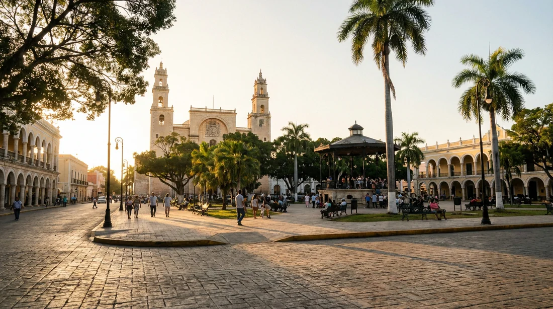 Vue paisible du centre historique de Mérida au crépuscule avec la cathédrale