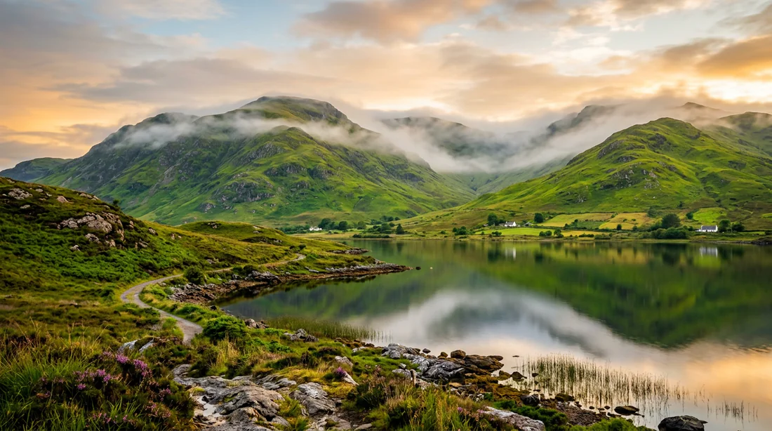 Paysage irlandais typique où prolifèrent les midges Paysage spectaculaire d'un lac et de montagnes en Irlande au crépuscule.