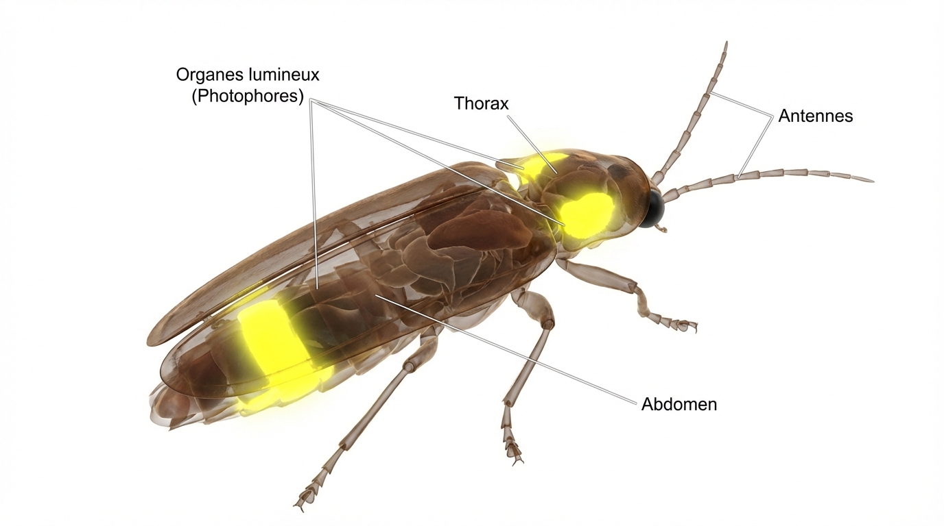 Schéma anatomique et système de bioluminescence de la mouche à feu de Guyane