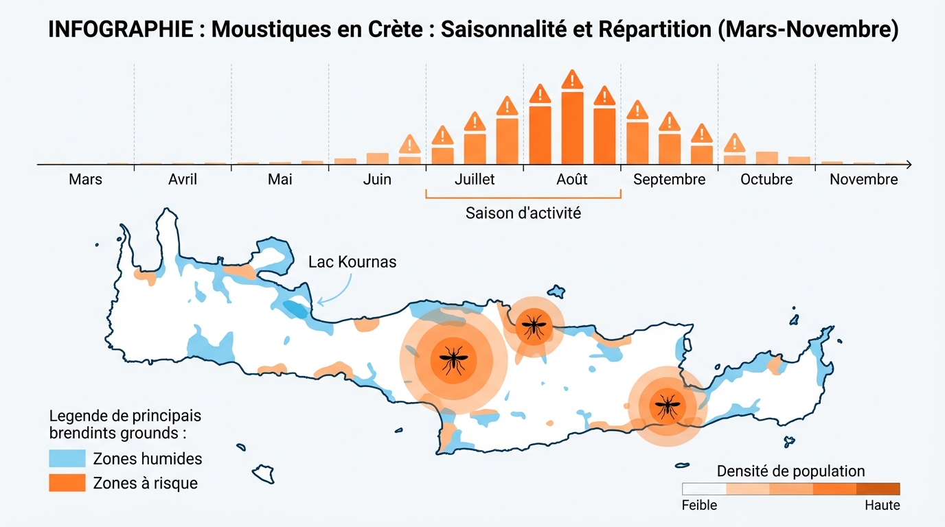 Infographie technique de l'activité saisonnière des moustiques en Crète