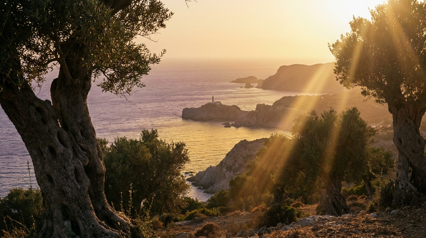 Paysage de Crète au crépuscule avec oliviers et mer Méditerranée