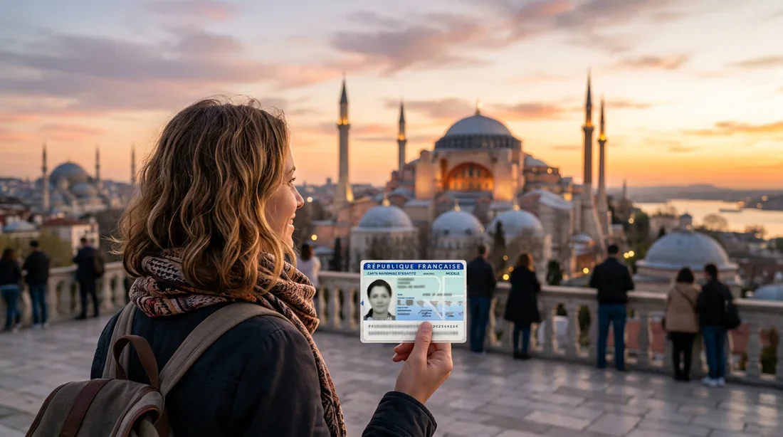 Voyager en Turquie avec une carte d'identité française Un voyageur présentant une carte d'identité française devant la Mosquée Sainte-Sophie à Istanbul