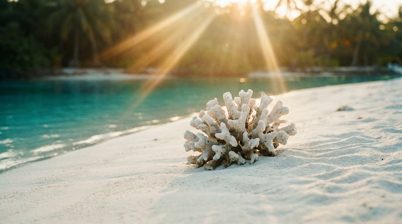 Fragment de corail blanc sur une plage tropicale au coucher du soleil