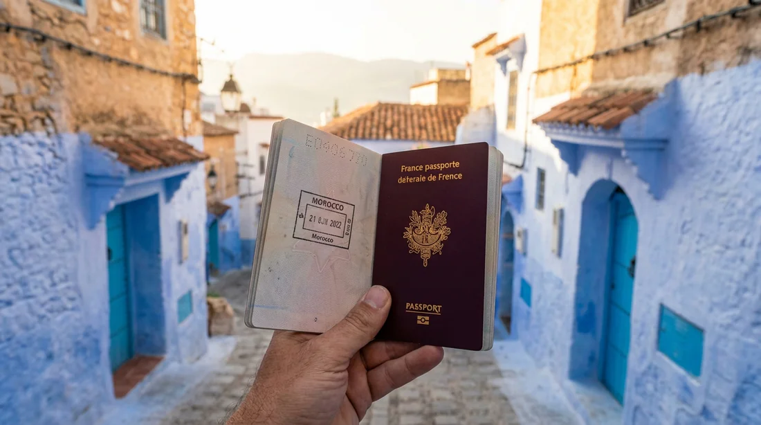 Main tenant un passeport français avec tampon d'entrée devant les ruelles de Chefchaouen au Maroc.