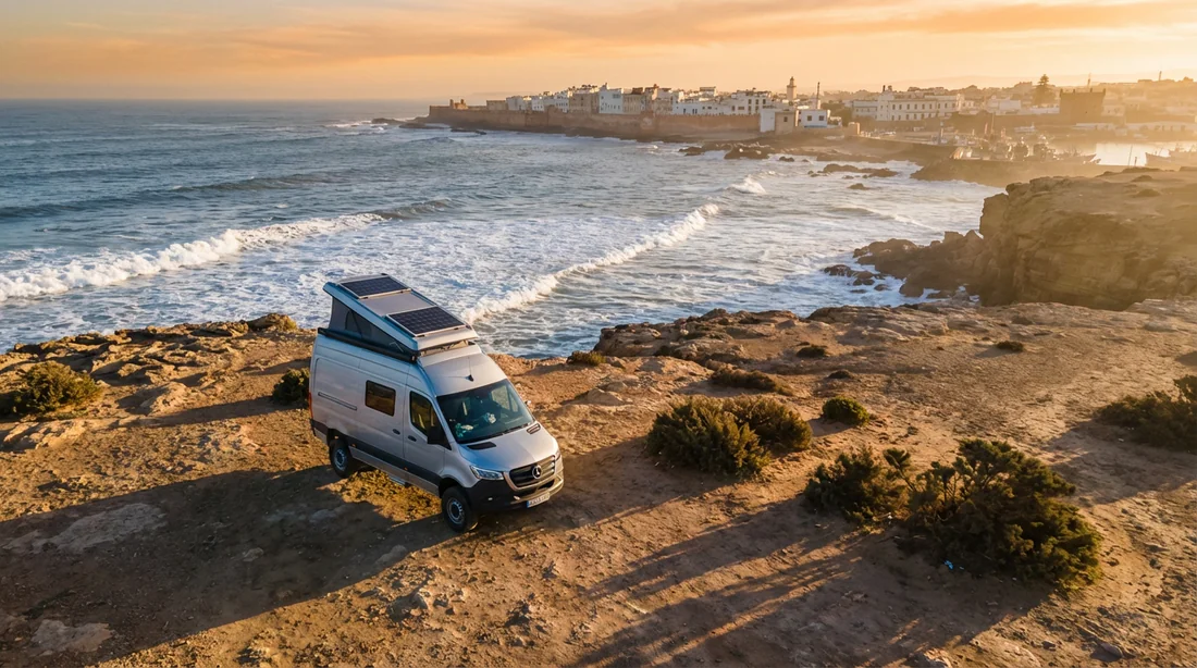 Un camping-car stationné face à l'océan à Essaouira, illustrant les règles d'importation temporaire.