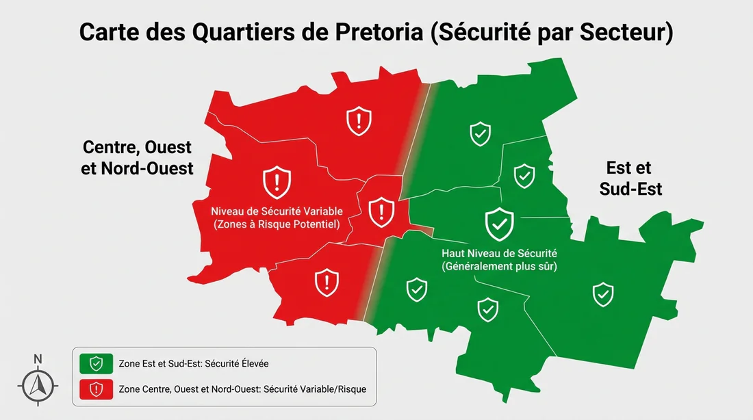 Carte de sécurité des quartiers de Pretoria divisée en zones de couleur rouge et verte.