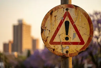 Panneau de signalisation routier sud-africain avec ville de Pretoria en arrière-plan flou.