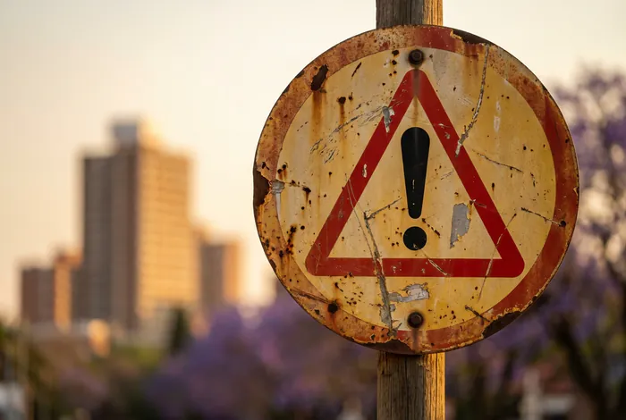 Panneau de signalisation routier sud-africain avec ville de Pretoria en arrière-plan flou.