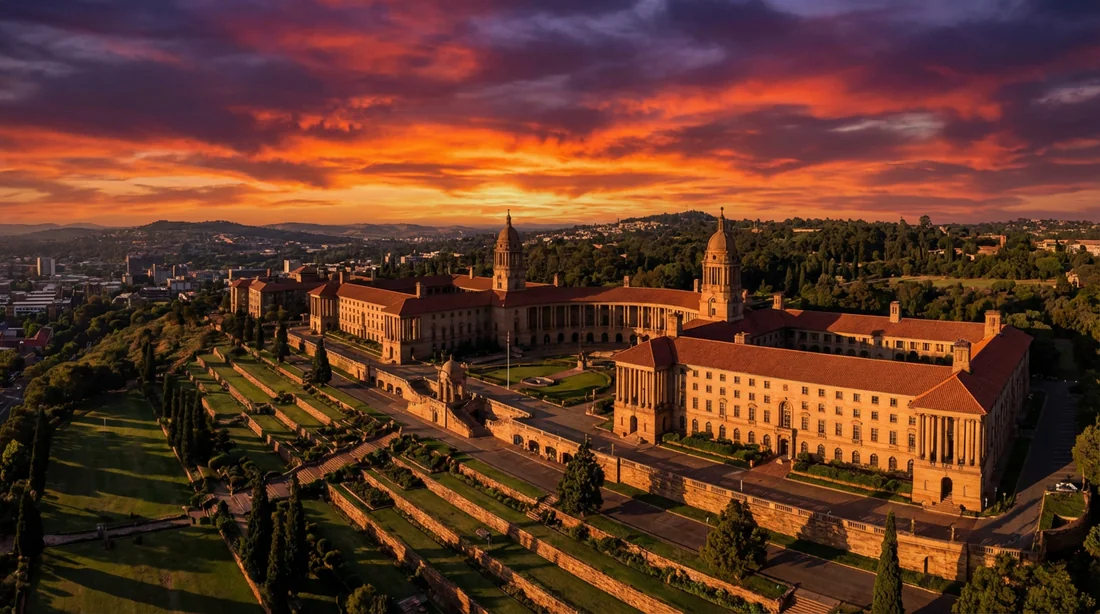 Vue panoramique des Union Buildings de Pretoria au coucher du soleil, une ville imposante.
