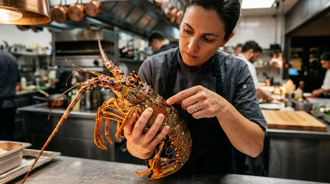 Chef cuisinier sélectionnant une langouste fraîche