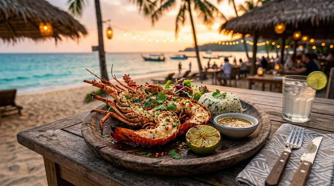 Langouste grillée savoureuse servie dans un restaurant thaïlandais en bord de mer