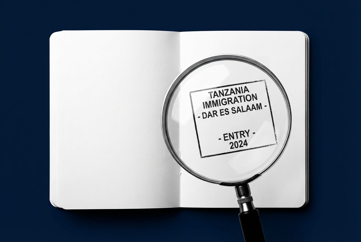 Icône de passeport avec loupe pour visa Tanzanie.