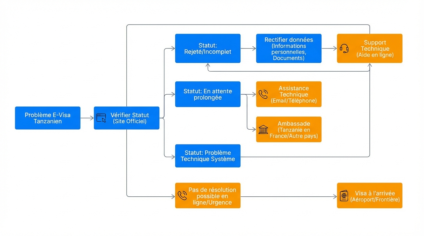 Arbre de décision pour visa Tanzanie Schéma technique des étapes pour résoudre un problème de visa tanzanien.