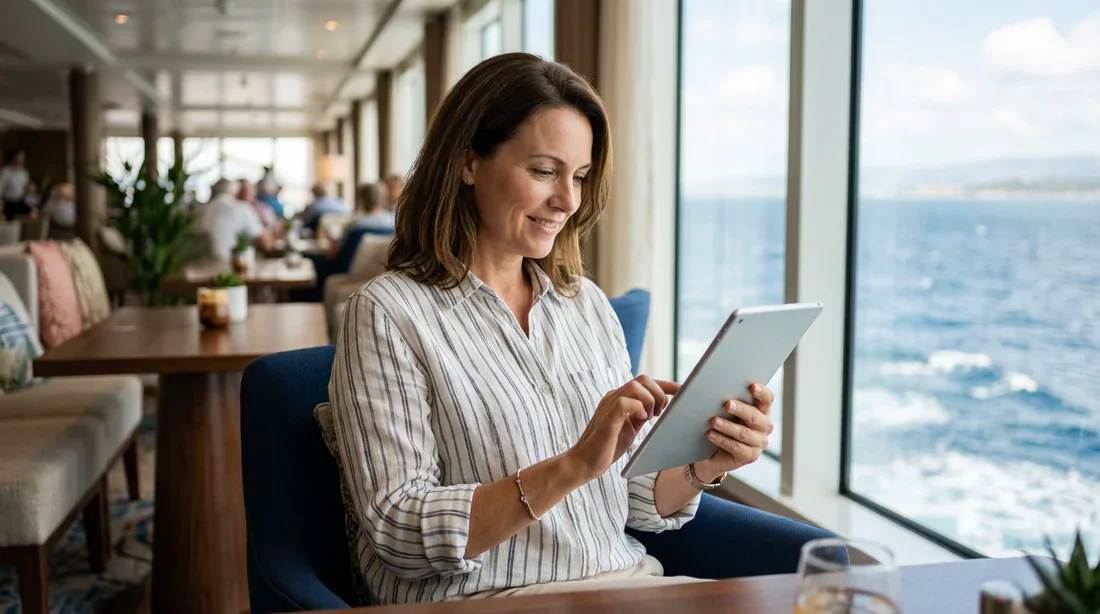 Passager consultant son compte de croisière sur une tablette
