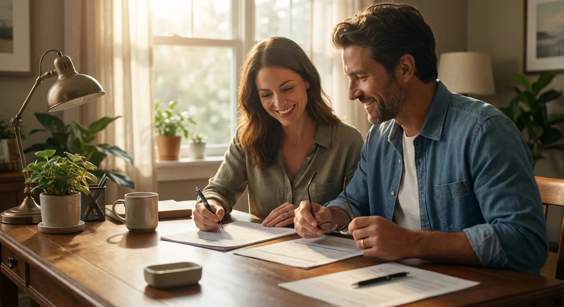 Couple consultant les documents nécessaires pour un mariage civil.