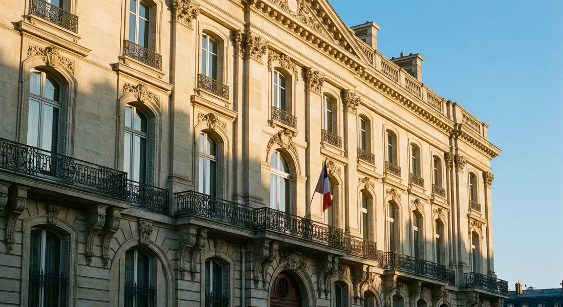 Extérieur d'un consulat de France pour les démarches de transcription.