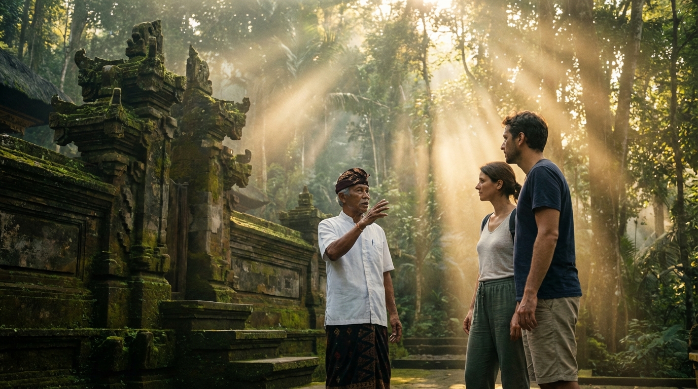 Guide francophone à Bali expliquant l'histoire d'un temple à des voyageurs
