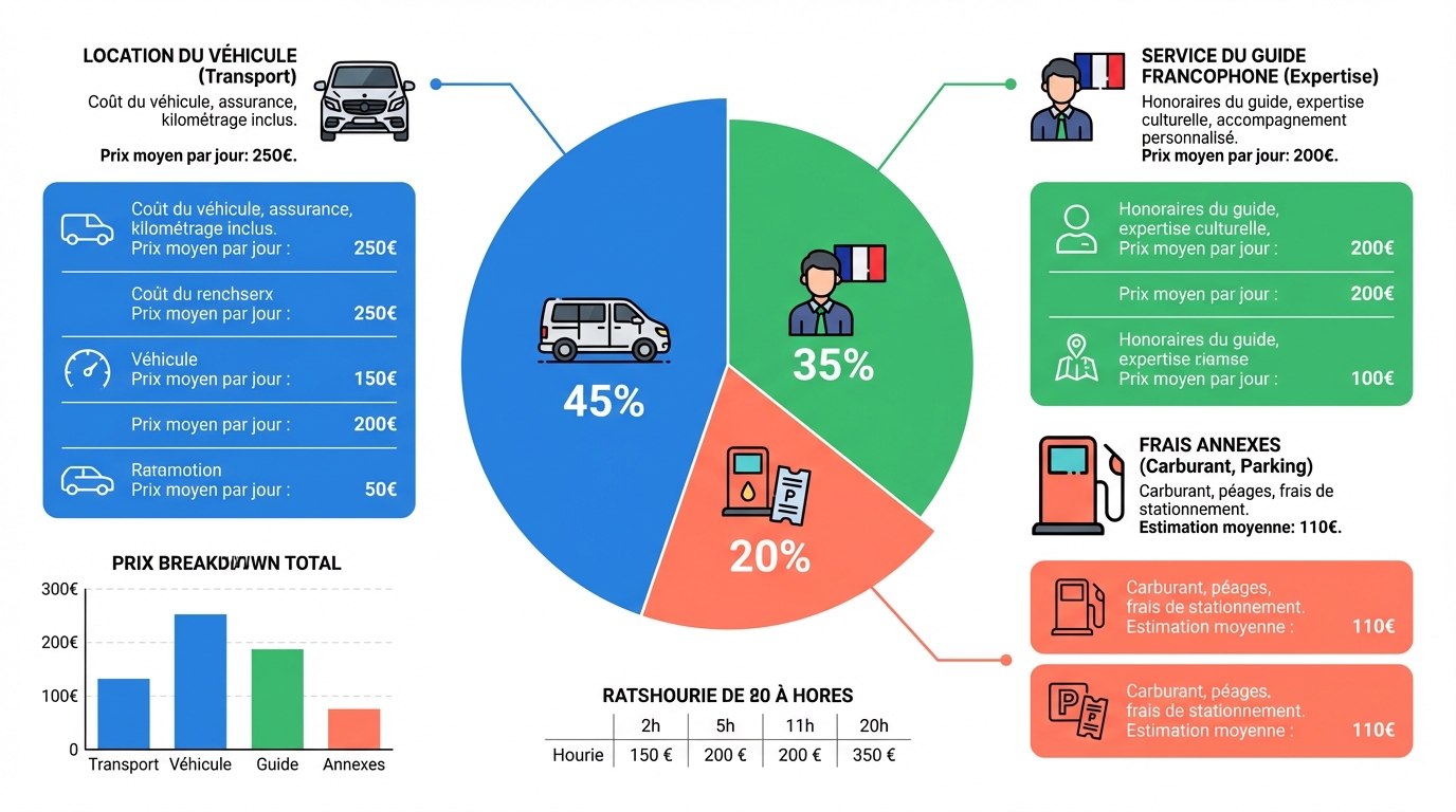 Schéma technique de la répartition des coûts d'un guide francophone à Bali