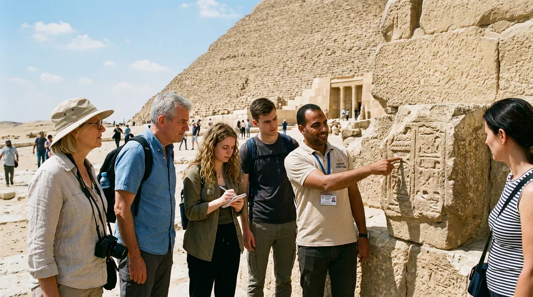 Un guide touristique explique l'histoire des pyramides de Gizeh à des visiteurs