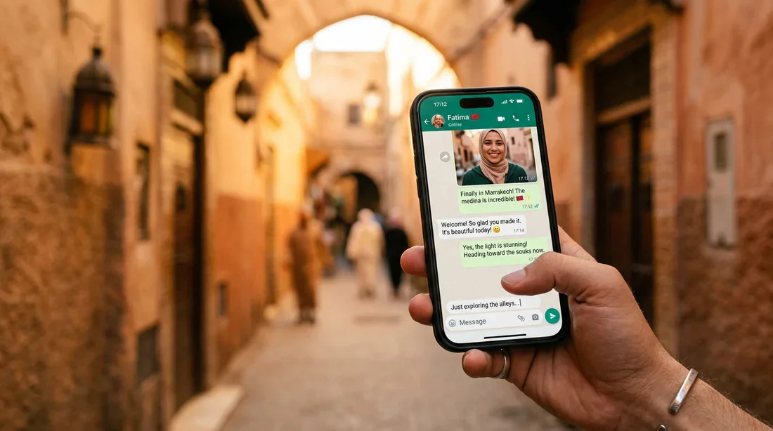Smartphone avec interface WhatsApp dans une ruelle d'une médina marocaine