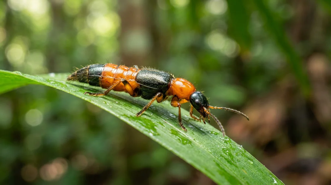Gros plan macro d'un insecte Tomcat orange et noir sur une feuille à Bali.