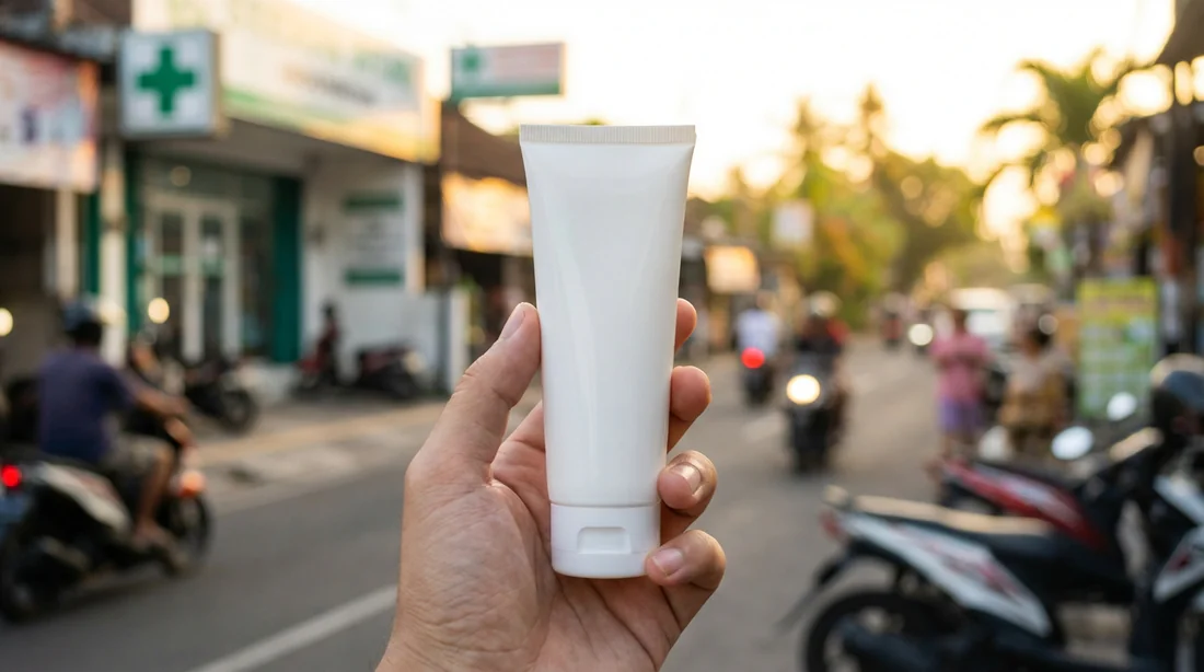 Main tenant un tube de crème devant une pharmacie Apotek en Indonésie.
