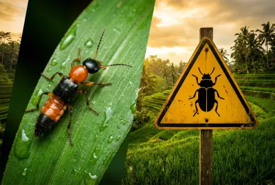 Montage d'un Tomcat et d'un panneau danger devant une rizière à Bali.