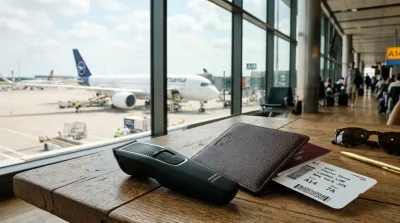 Tondeuse à barbe de luxe, passeport et billet d'avion sur une table à l'aéroport.